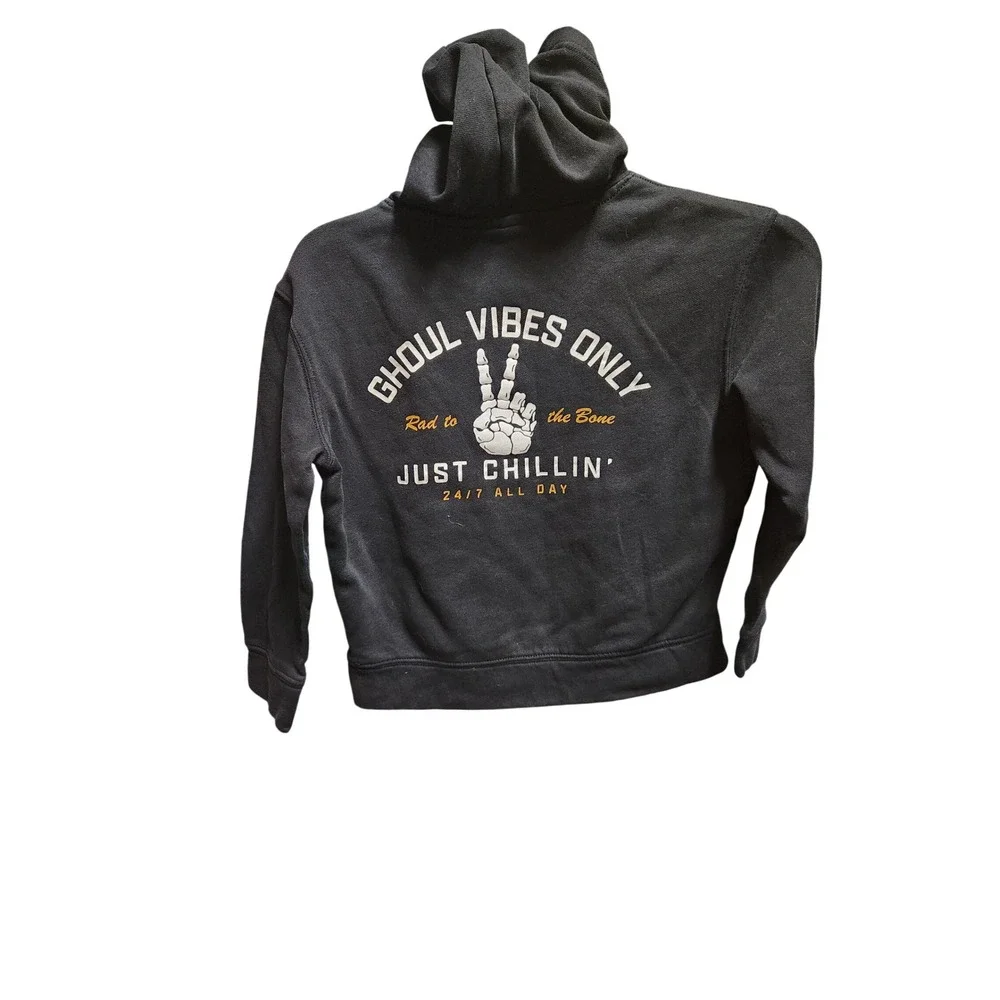 Old Navy Kids Ghoul Vibes Only Skeleton Peace Sign Black Graphic Hoodie Size M 8